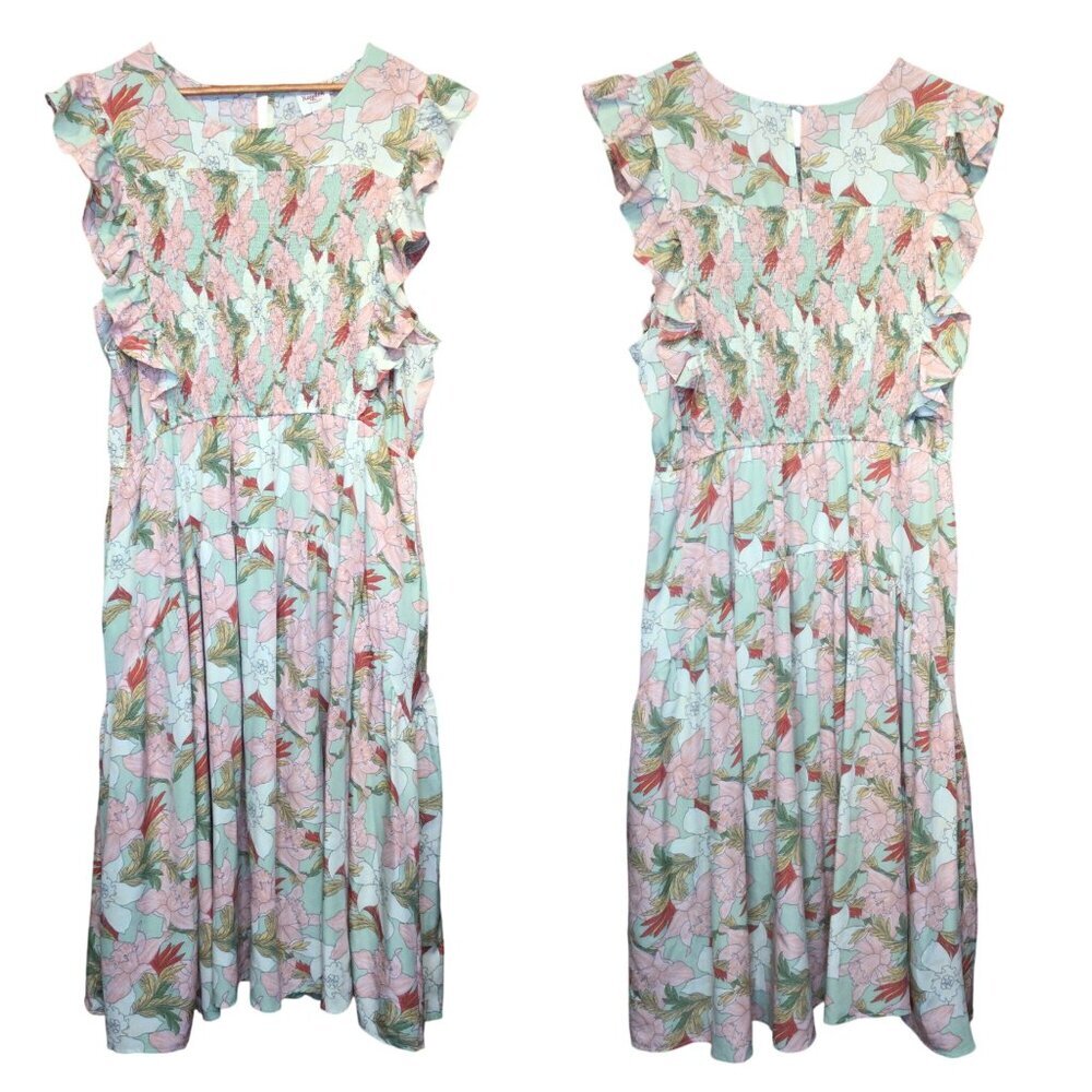 Hayden Womens Floral Midi Dress Size 3X Ruffled Smocked Pockets Flowy Coquette